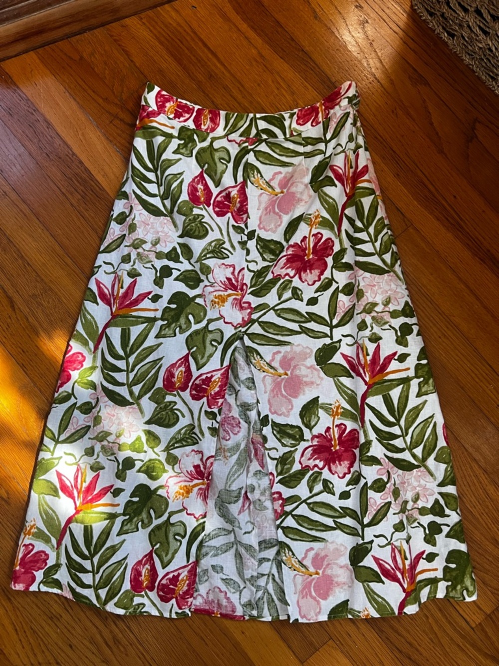 Reformation Linen Floral A-Line Midi Skirt - White with Pink & Green